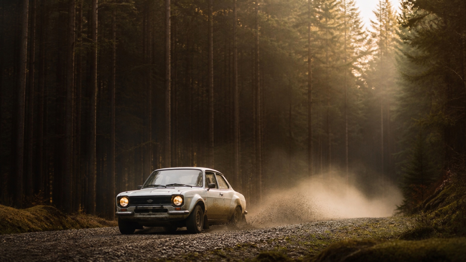 Classic rally car competing on a gravel forestry stage